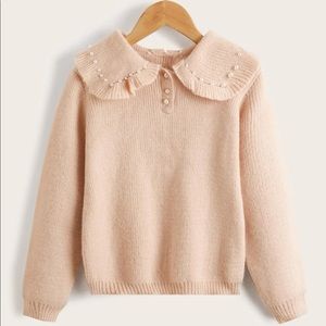 Girls Light Peach Blush Pearl Collar Long Sleeve Sweater - Size 11-12 years